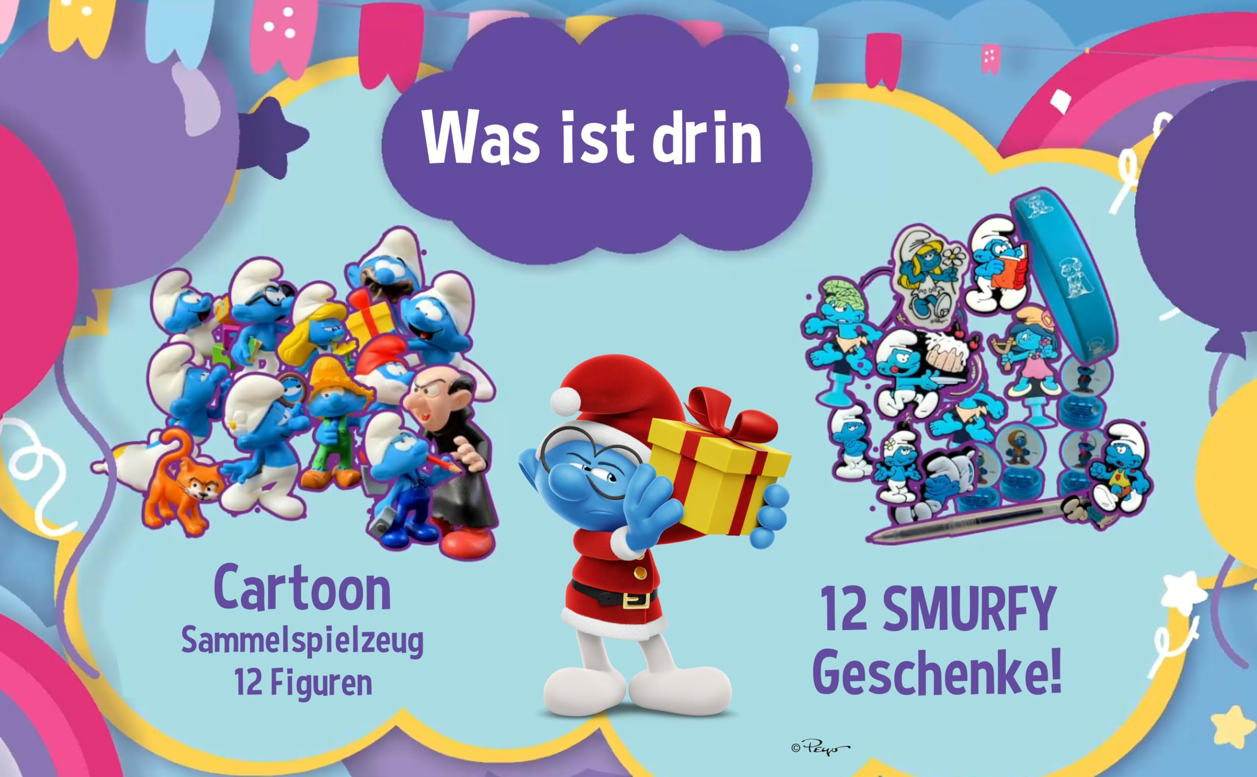 Calendario dell'Avvento 2025 Il calendario dell'Avvento originale SCHLÜMPFE. Giocattolo da collezione a cartoni animati per ragazzi e ragazze, 12 figure + 12 regali SMURFY! Dai 3 anni in su. 24 pezzi