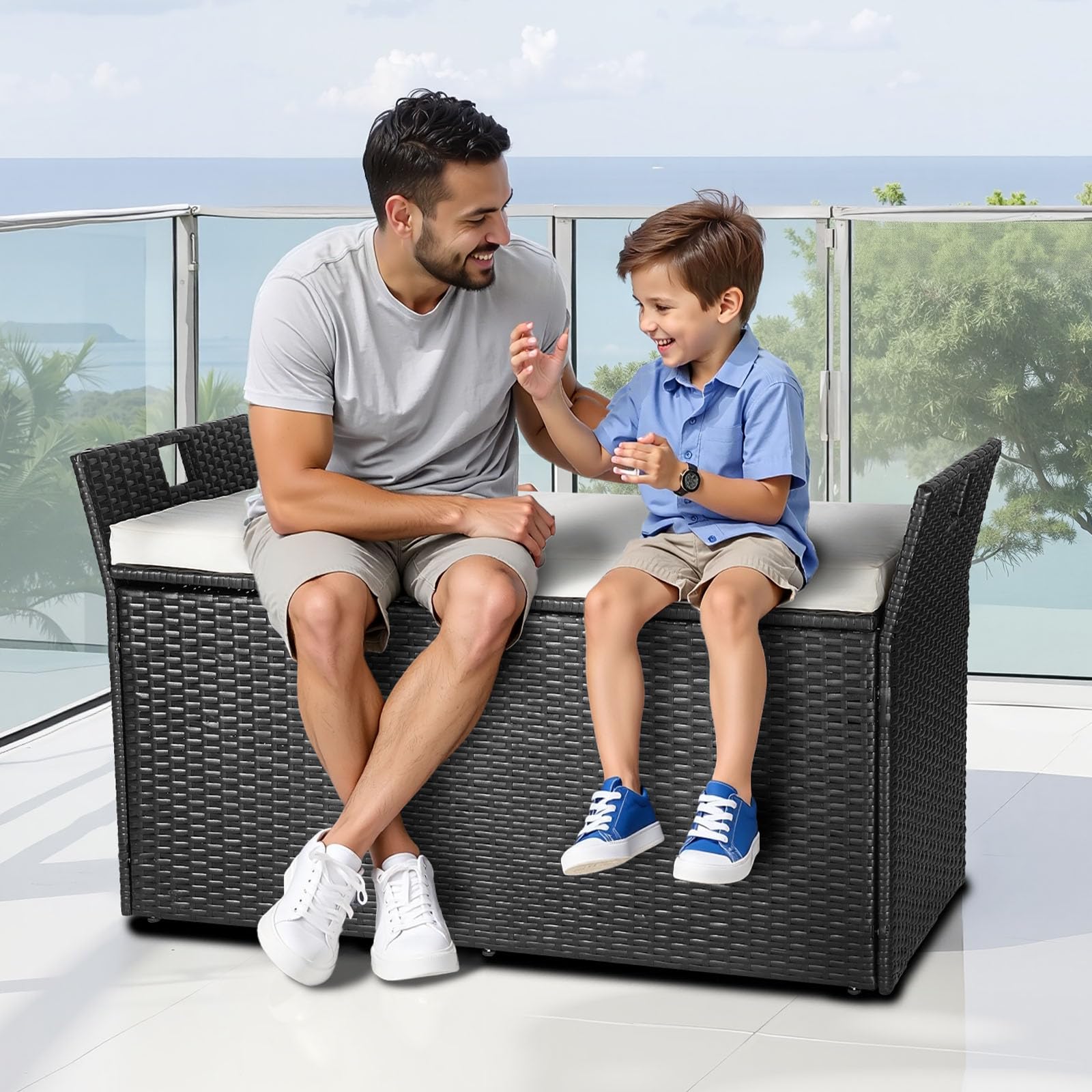 VEVOR Panca Portaoggetti da Esterno Nero, Panca Portaoggetti in Rattan PE per 2 Persone, Contenitore con Cuscino Maniglia Laterale, Supporta max. 362 kg, Seduta da Giardino Decorazione per Balcone