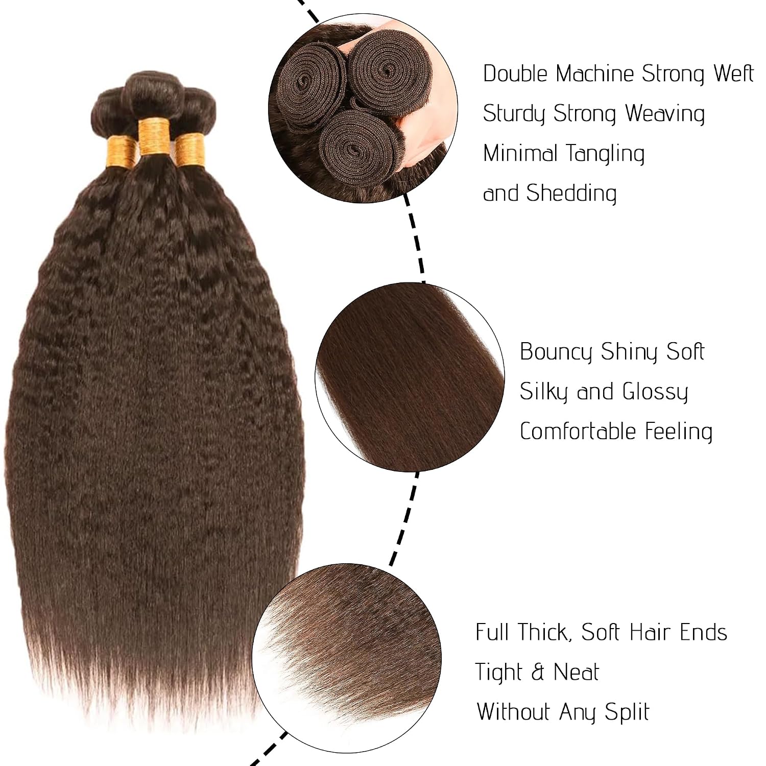Dark Brown Yaki Wave Human Hair Bundles #4 Chocolate Brown Kinkystraight (10 12 14 Inch) Unprocessed Virgin Human Hair Extensions 3 Bundles 300g Total Double Weft for Black Women