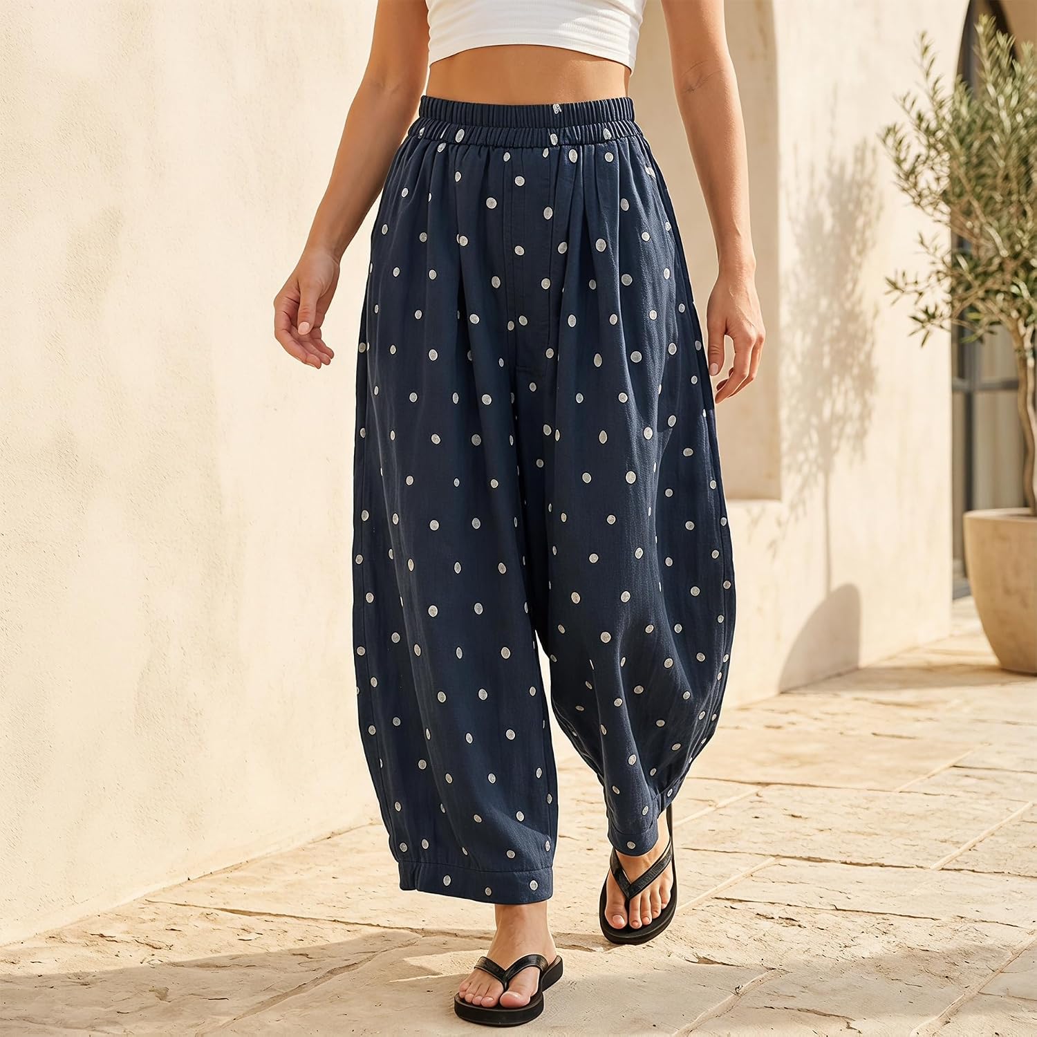 Womens Polka Dot Wide Leg Pants Summer Boho Beach Vacation Elastic Waist Palazzo High Waist Casual Pants