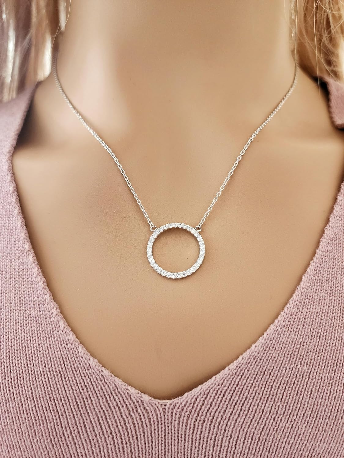 Eternity Circle Necklace 925 Sterling Silver Cubic Zirconia/Open Circle Silver Necklace/Gift for Her/Two Eternity Circle Sizes - Image 5