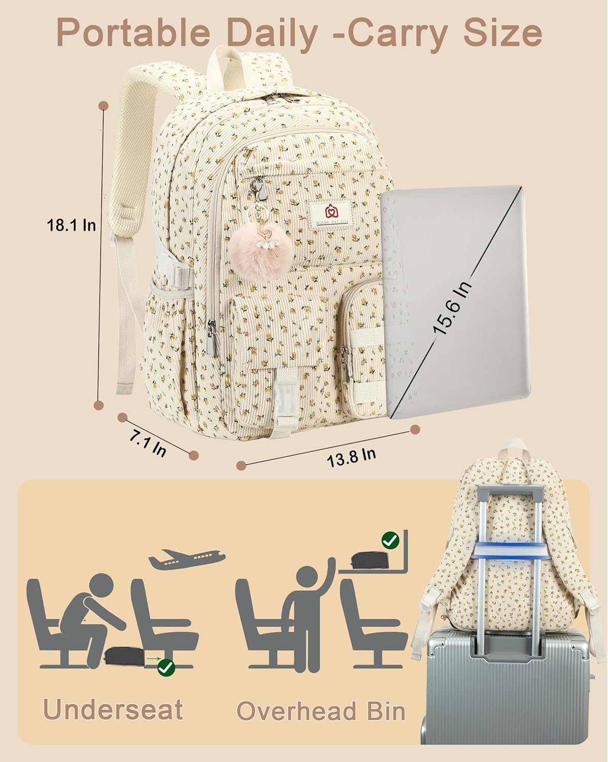 Hidds School Backpack for Teens Girls Women 15.6 Inch Laptop College Backpacks Corduroy Work Bag Kids Elementary Middle High Campus Bookbag Students Anti Theft Travel Daypack Womens - Beige Floral - Image 5