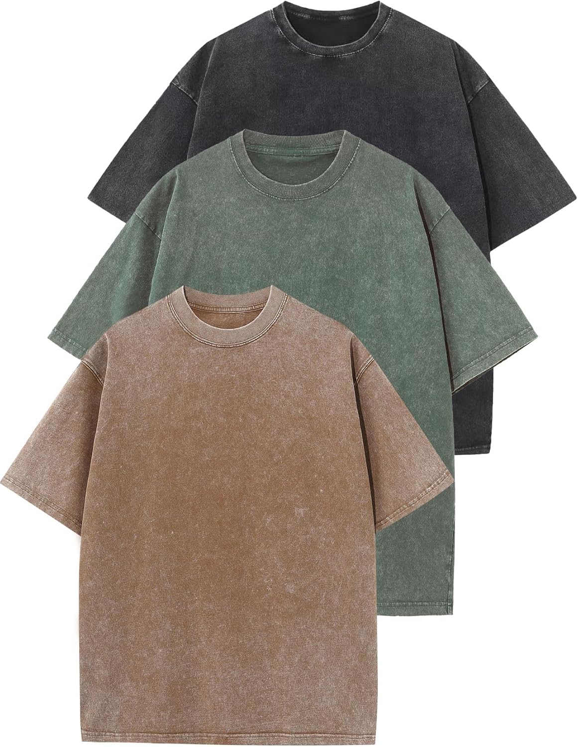 Flygo 3 Pack Men Oversized T Shirts Acid Washed Unisex Tee Loose Fit Short Sleeve Casual Streetwear Baggy Basic Tops