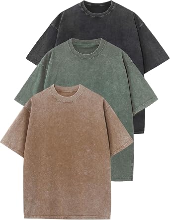 Flygo 3 Pack Mens Oversized T Shirts Summer Cotton Washed Baggy Tee