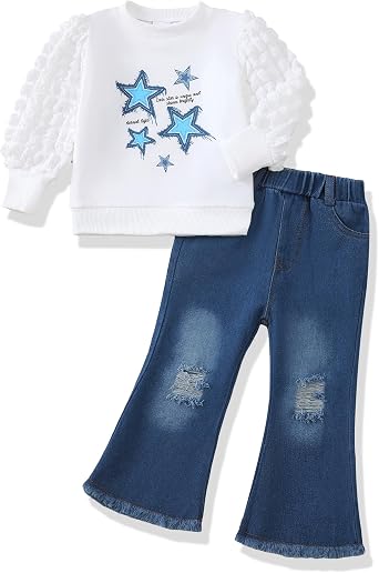 Renotemy Toddler Baby Girl Clothes Fall Winter Outfits Gifts Sweatshirt Jeans Bell Bottom Pants Set for 12Months-5 Year Girls