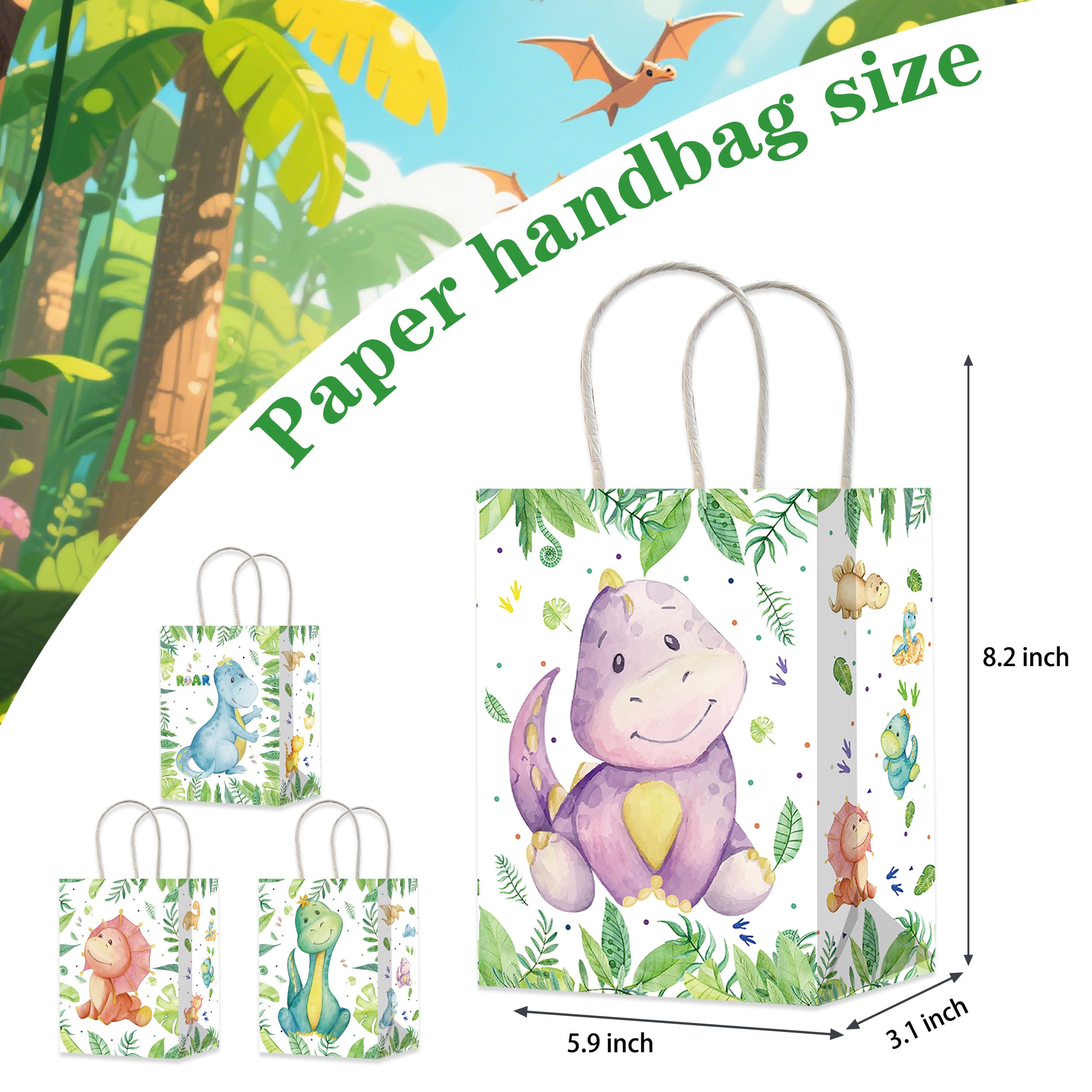 12Pcs Dinosaur Gift Treat Bags with Handles Dinosaur Theme Paper Tote Bags for Dinosaur Baby Shower Birthday Party Decorations Dino Roar Party Supplies
