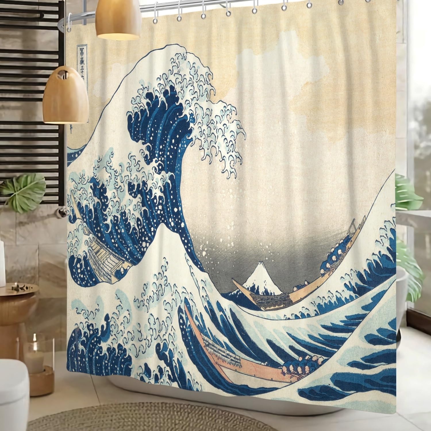 Xiaoterna Traditional Japanese Painting Shower Curtain Japanese Ocean Waves Bathroom Curtain Abstract Sea Wave Wooden Boat Shower Curtain Washable Waterproof Fabric Bathroom Decoration 150x200cm - Image 2