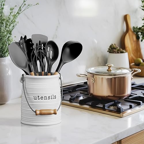 Miniatura 3 de Barnyard Designs Soporte de cerámica para utensilios de cocina de granja para encimera, soporte decorativo grande para utensilios de cocina para