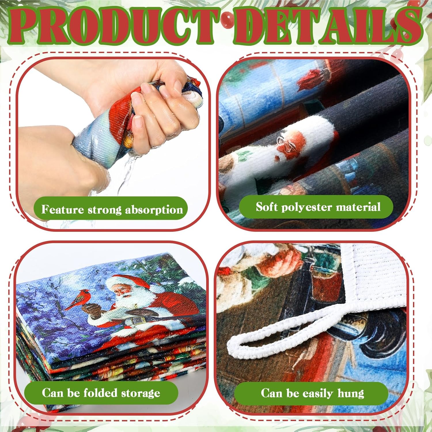 Bencailor 16 Pcs Christmas Kitchen Towels Santa Claus Hand Dish Towels Soft Absorbent Vintage Xmas Tea Dishcloths for Christmas Holiday Kitchen Bathroom Home Decor Gifts - Image 5