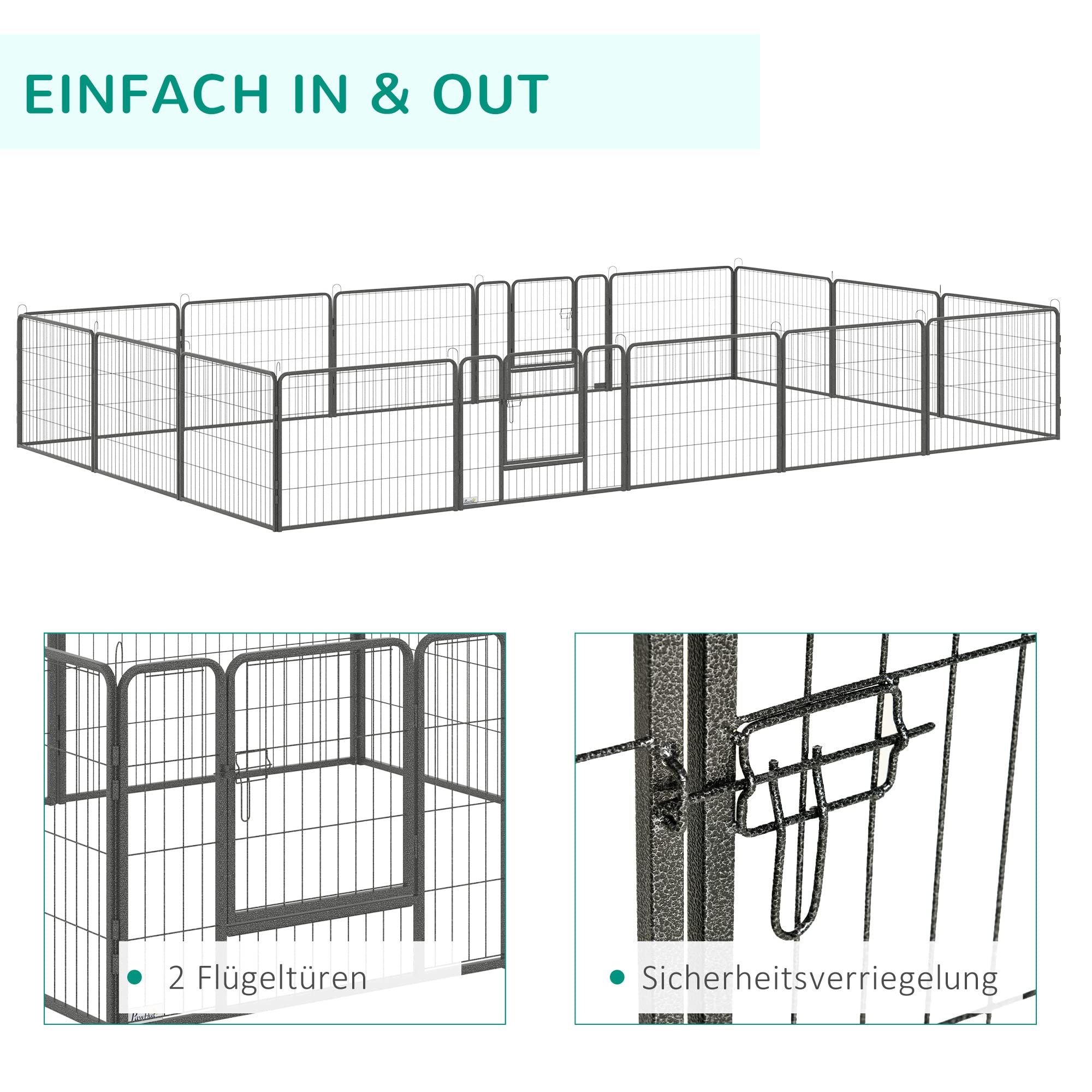 PawHut Welpenlaufstall, 16-teilig 60cm hoch Welpenauslauf faltbar mit abschließbarer Tür 16 Gitterplatten Stahl Hundelaufstall Freilaufgehege für kleine Hunde, für drinnen und draußen, Grau