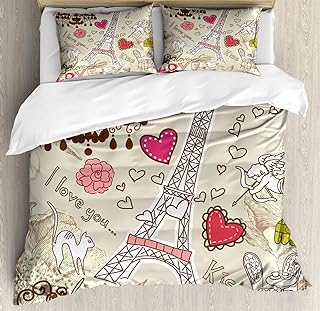 Ambesonne Paris Duvet Cover Set, Doodles Illustration of Eiffel Tower Hearts Chandelier Flower Love Themed Vintage, Decorative 3 Piece Bedding Set with 2 Pillow Shams, King Size, Beige Pink