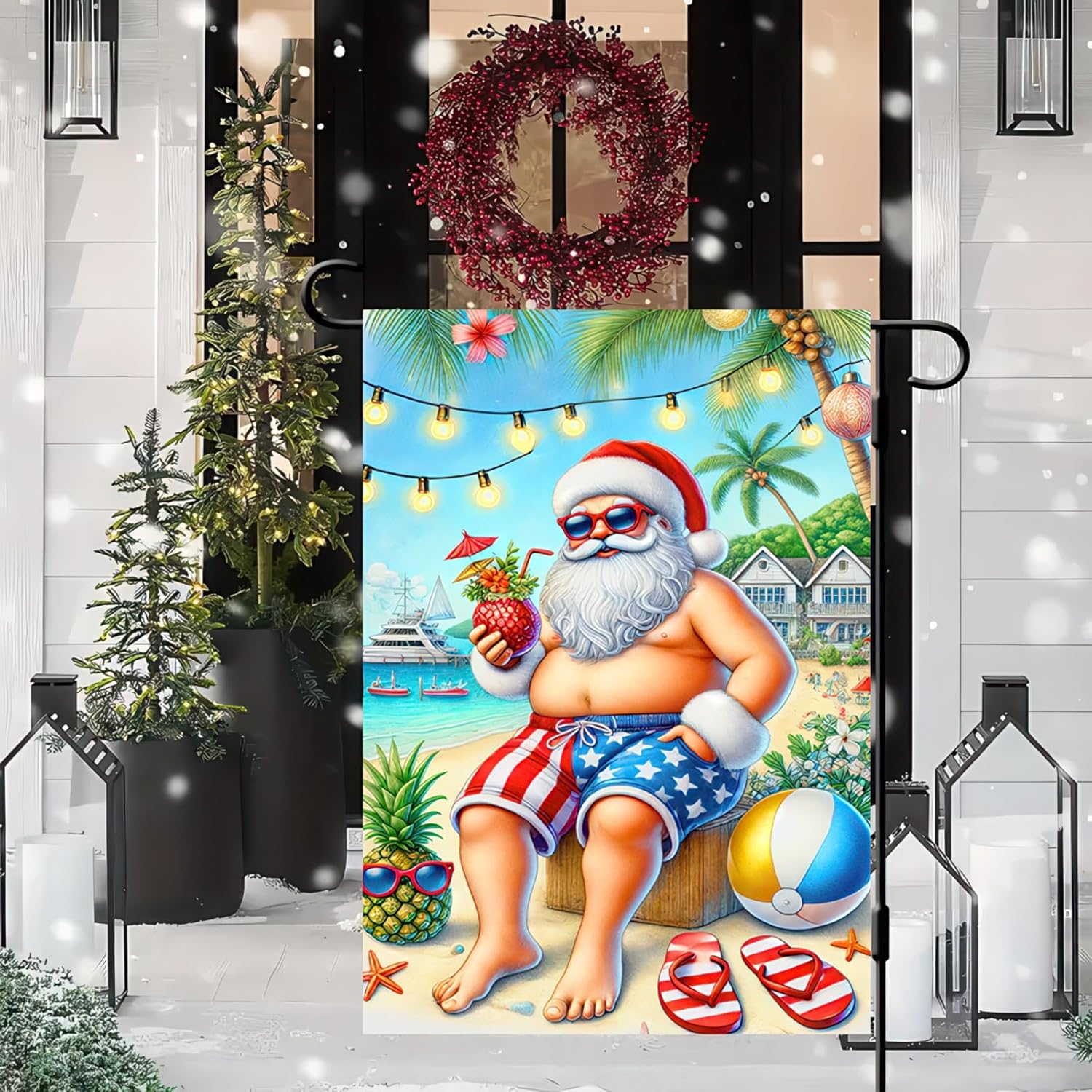 Tropical Christmas Santa Garden Flag 12x18 Inch Double Sided Holiday Beach Santa with Drink Small Outdoor Yard Flag Seasonal Welcome Garden Banner for Porch Lawn Patio Christmas Decor - Image 5