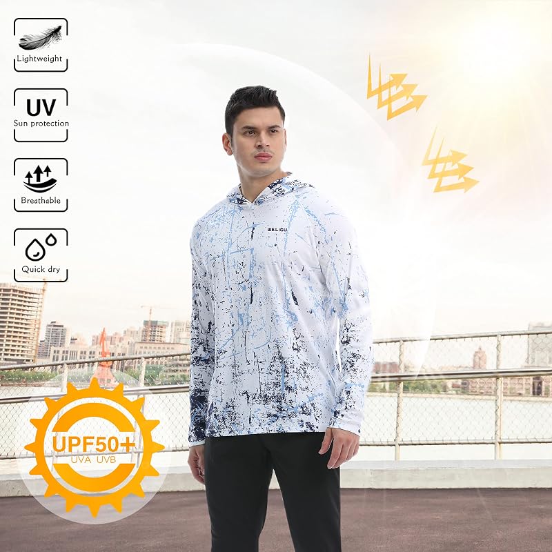 WELIGU Men's UPF 50+ Sun Protection Hoodie, Long Sleeve Fishing Shirt L0003 image 5