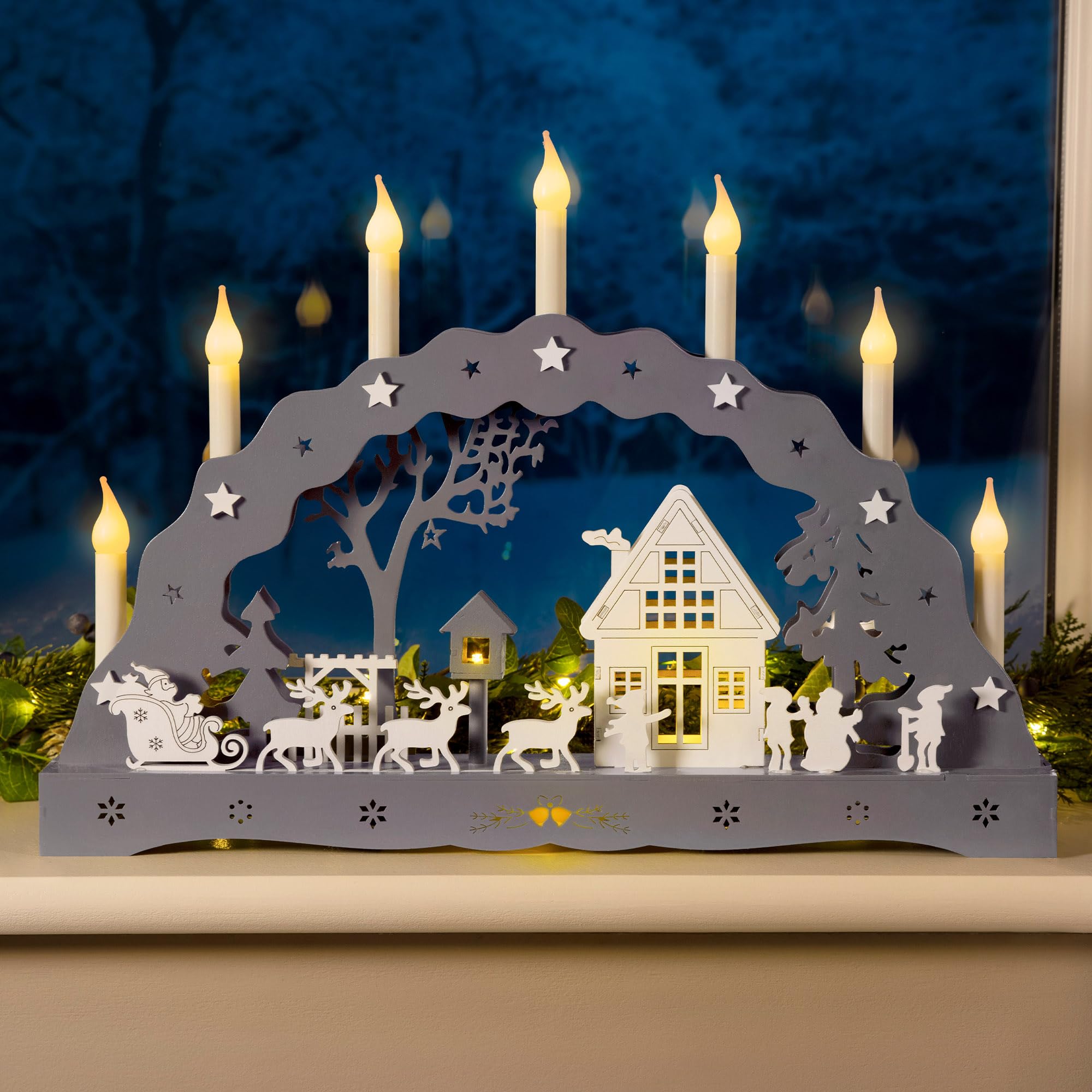 Christow Christmas Candle Arch Grey Wooden Bridge With Winter Village Scene Battery Operated With Timer