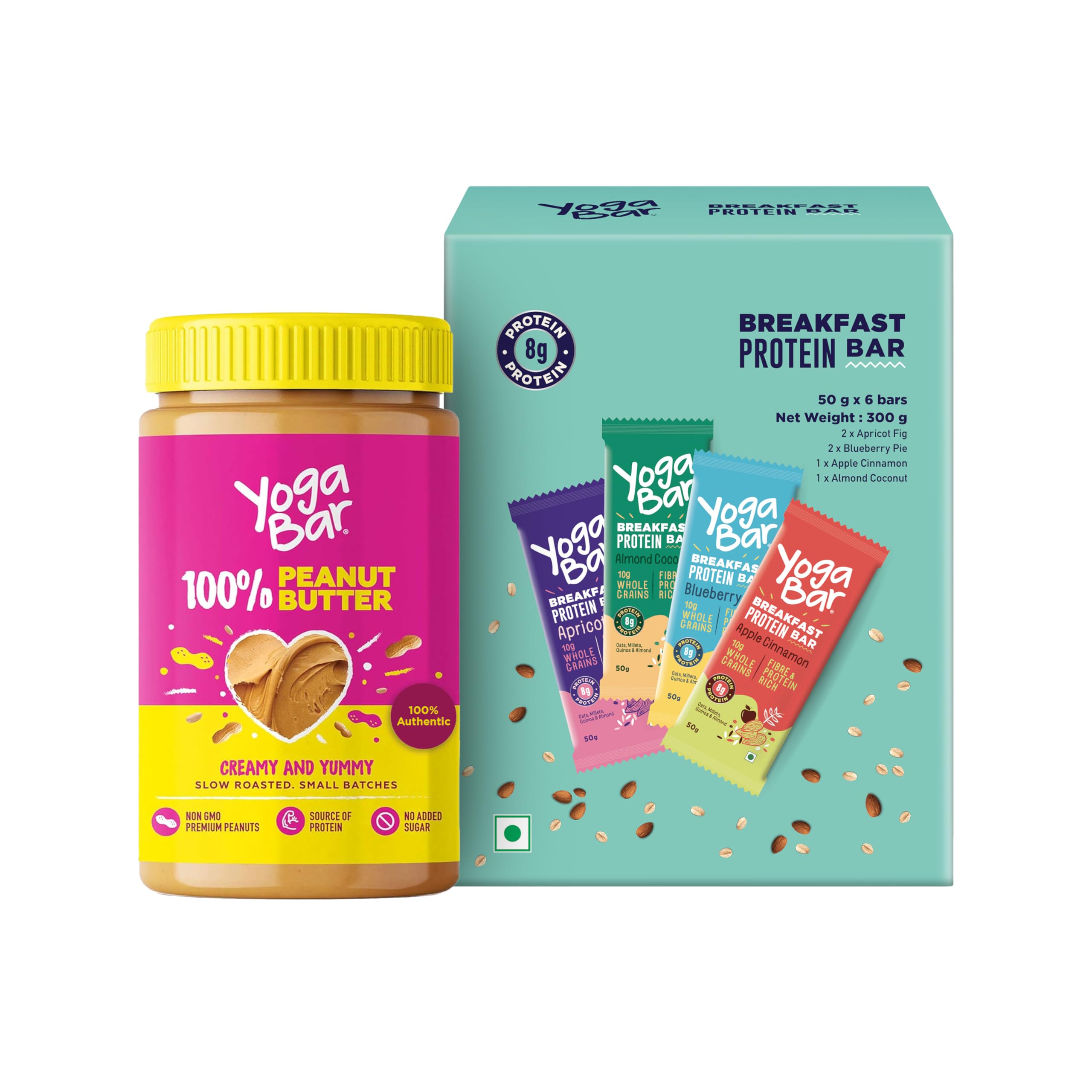 Yogabar Pure Peanut Butter And Breakfast Bars Combo|Pure Peanut Butter|Breakfast Protein Variety (Almond Coconut, Apricot & Fig, Blueberry, Apple Cinnamon Bars),700 Grams