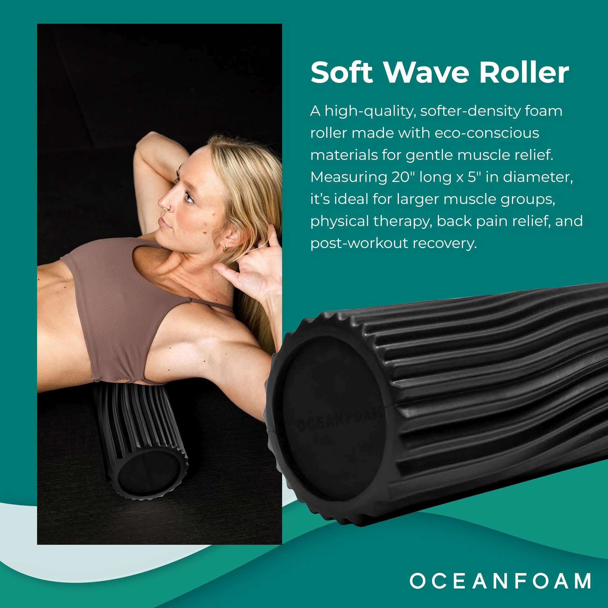 Oceanfoam Soft Tidal Roller (negro) - Rodillo de espuma de baja densidad para terapia física, dolor de espalda, ejercicio y estiramiento, textura ondulada, yoga, atletismo y bienestar, tamaño completo