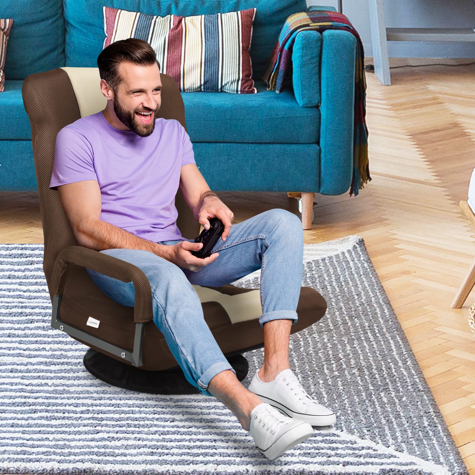 GOPLUS Sillón Relax Plegable Giratorio 360° | Silla Perezosa con Respaldo Ajustable en 5 Posiciones, Reposabrazos, 85 x 75 x 55 cm, Carga 120 kg (Marrón)