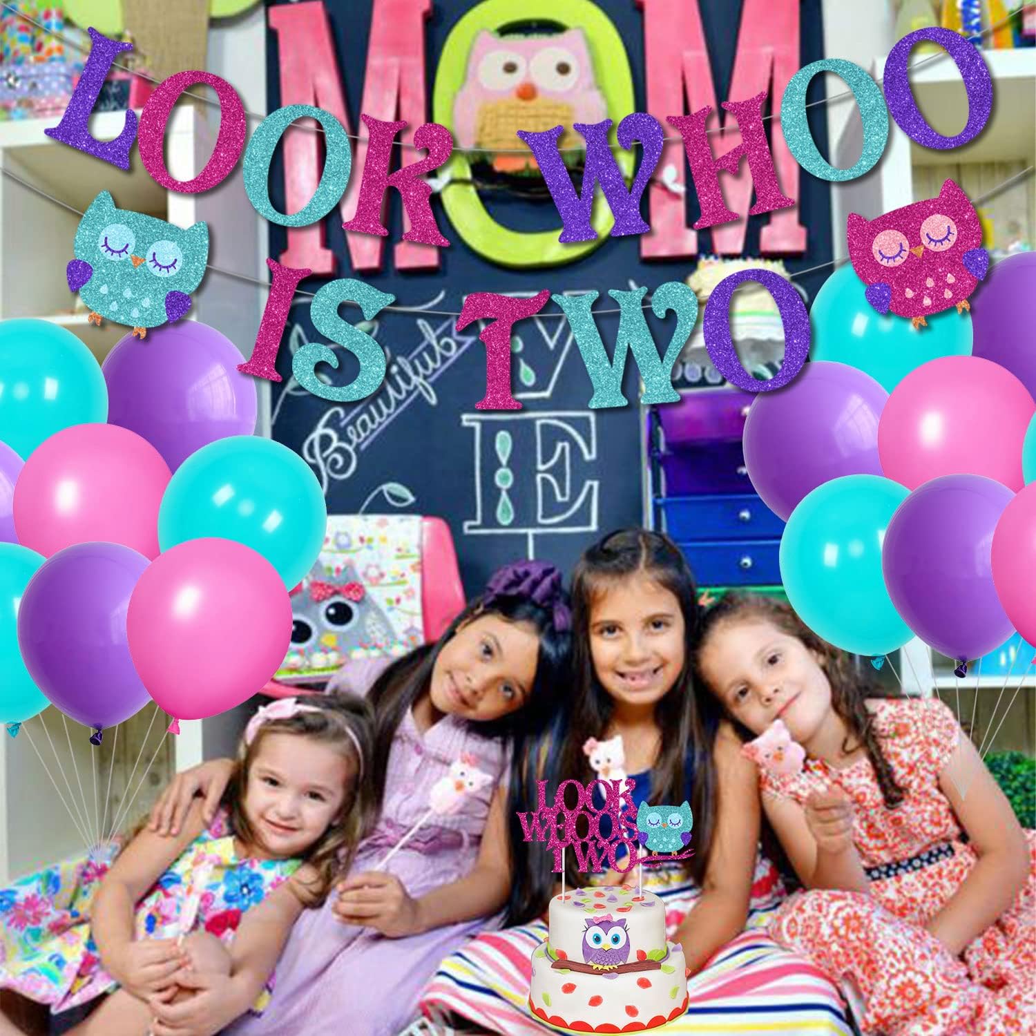 Owl Themed 2nd Birthday Party Decorations, with Look Whoo Is Two Owl Banner Cake Topper Purple Pink Balloon Set, for Kids Cute Owl 2 Years Old Birthday Party Supplies image 5