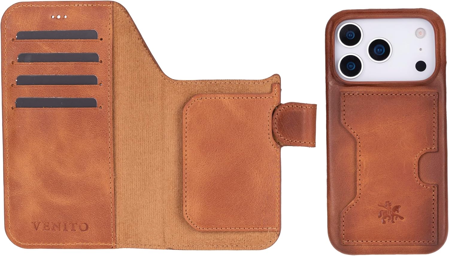 Venito Florence Wallet Case for iPhone 17 Pro (6.3"), Handcrafted Full Grain Leather, Luxury Slim Design, Detachable Non-Magnetic Flip Cover, Drop/Impact Resistant, Antique Brown