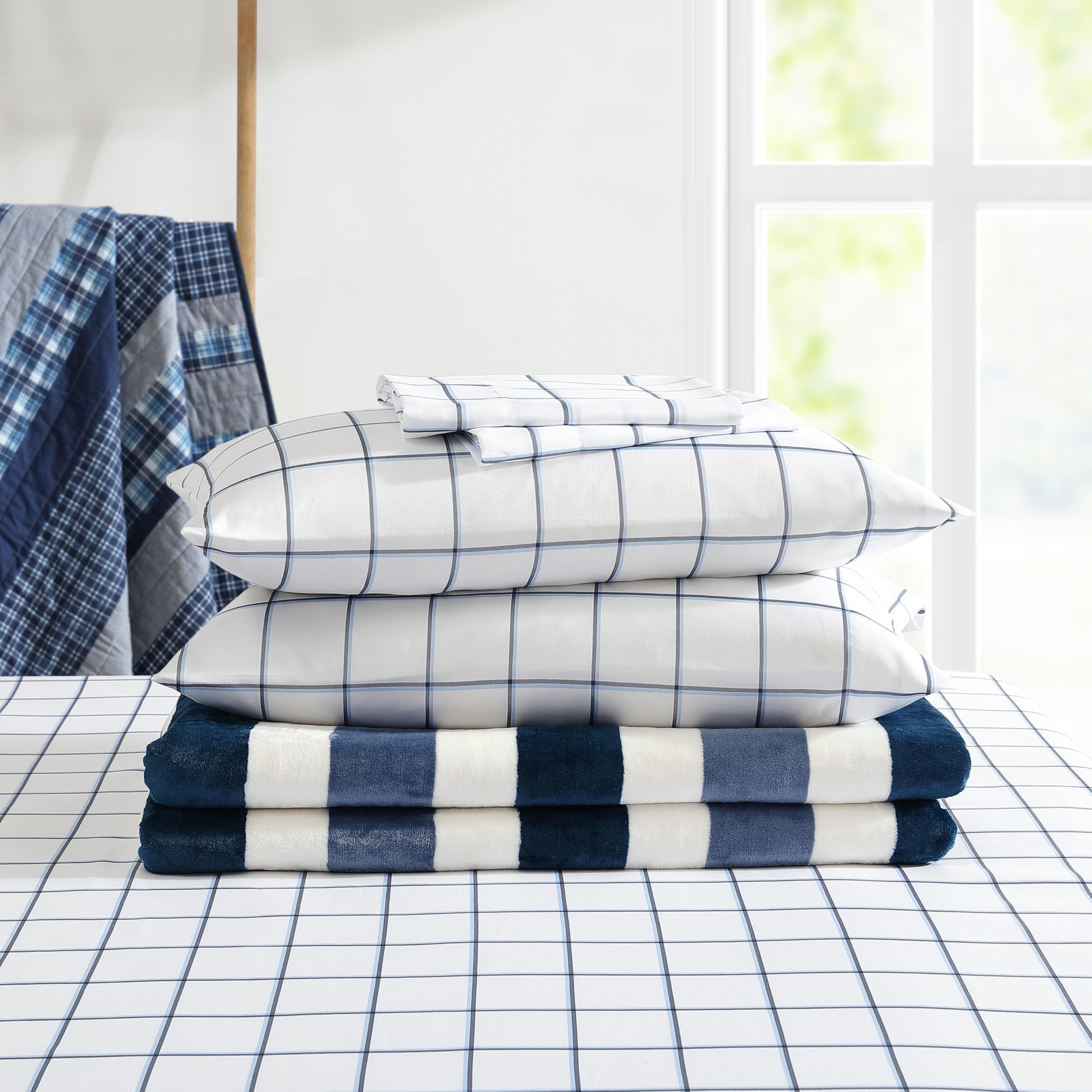 Nautica Set di biancheria da letto in percalle di cotone, fresco e fresco, leggero e traspirante, 100% blu/bianco, queen size