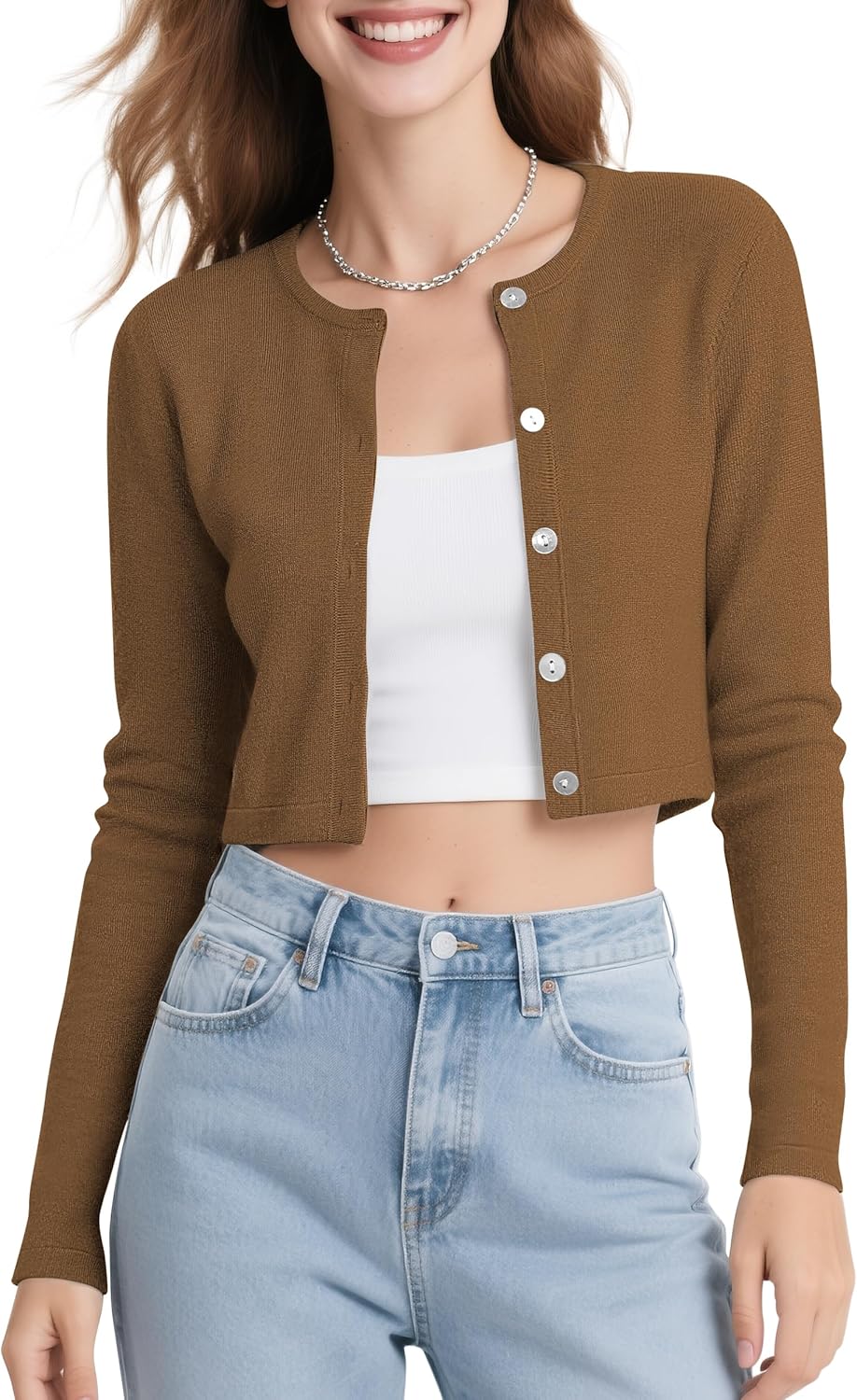 Urban CoCo Women's Long Sleeve Button Up Cropped Cardigan Sweaters for Women Crew Neck Short Bolero Shrug for Dresses