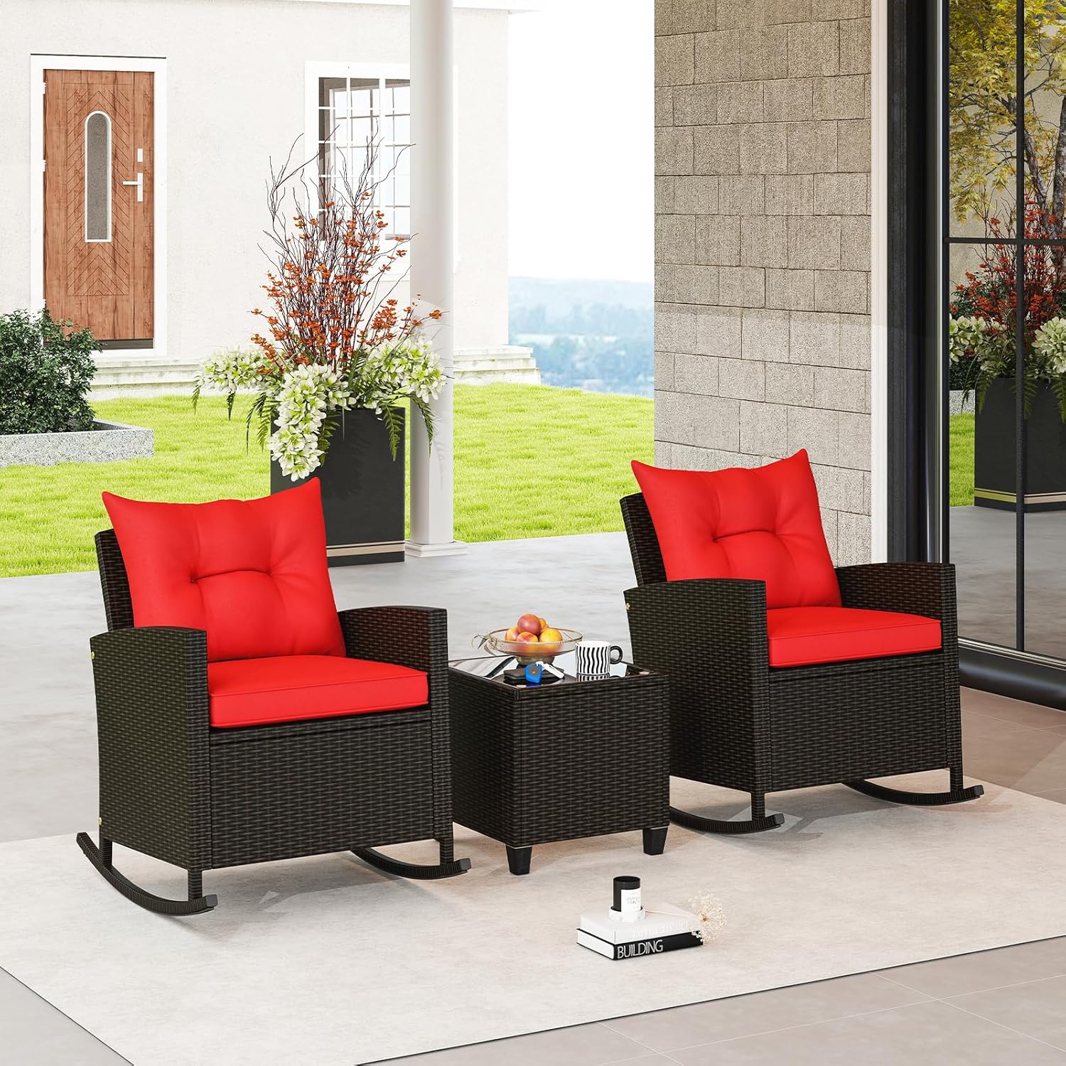 HAPPYGRILL 3 Pieces Patio Rattan Rocking Bistro Set, PE Wicker Rocking Chairs with Tempered Glass Table, Rocking Furniture Set with Cushion for Backyard, Poolside Porch (Mix Brown & Red)
