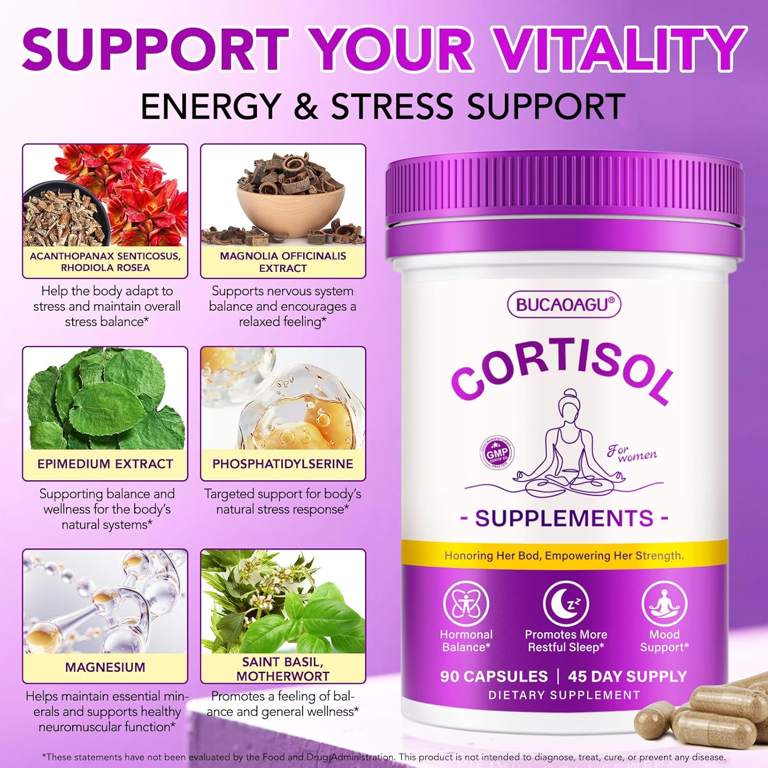 Cortisol Supplements for Women - Cortisol Reducer & Stress Support with Magnolia Bark, Rhodiola Rosea, Holy Basil, Magnesium - Hormone Harmony for Women Mood, Focus, Sleep Support - 90 Capsules - Image 2