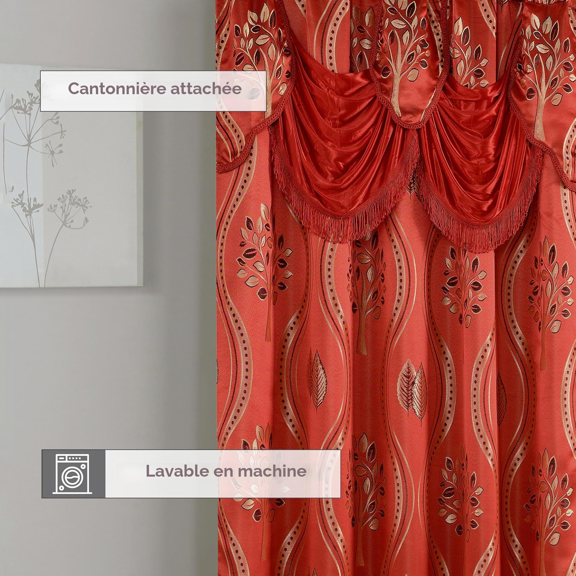 Elegant Comfort Lot de 2 Rideaux Luxueux avec cantonnière et Dossier Rouge 137,2 x 213,4 cm
