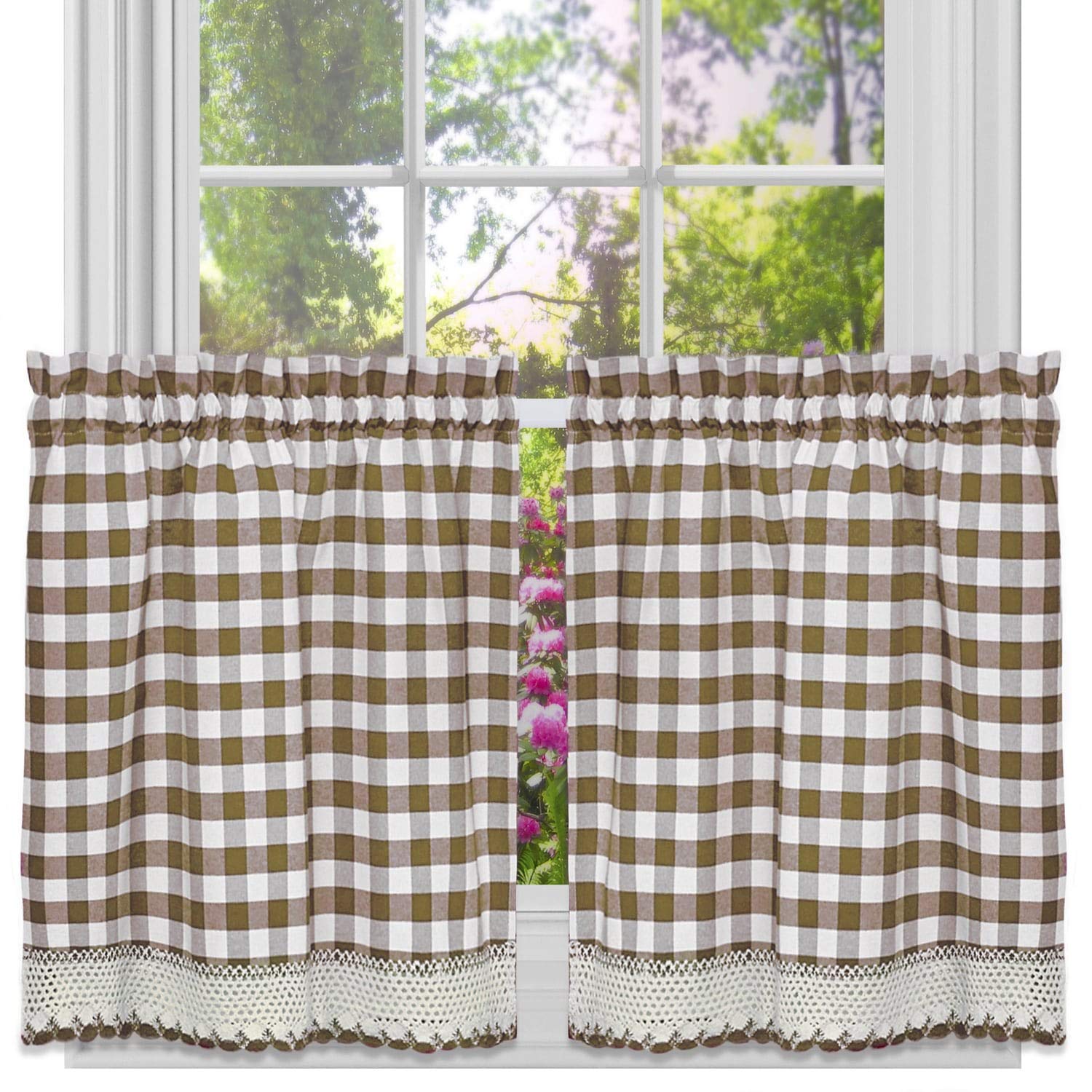 Classic Buffalo Check Kitchen Curtains Taupe White Tier Pair 36 x 58