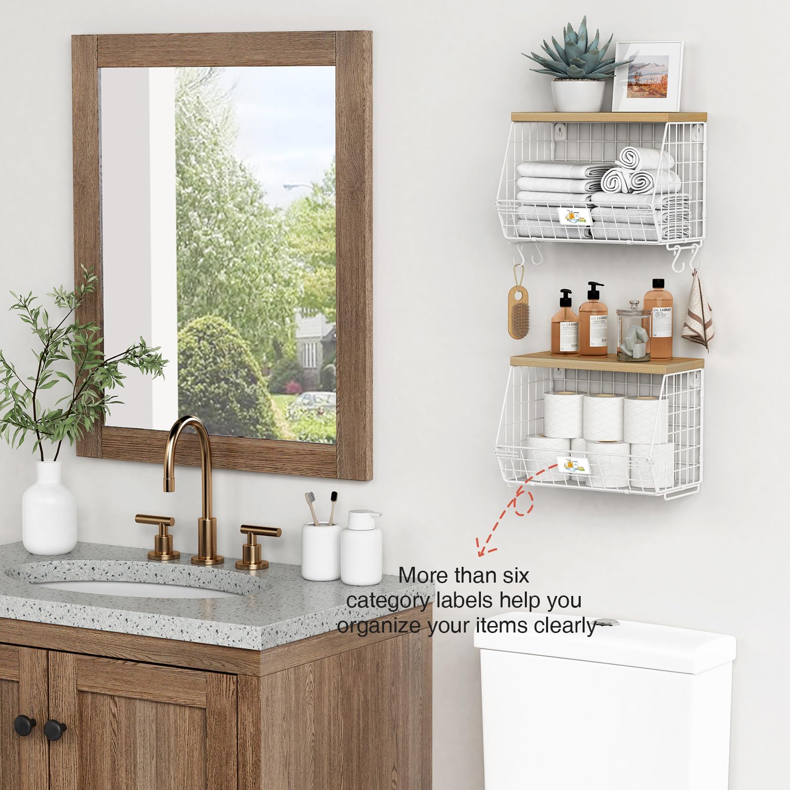 Cesta de alambre blanco para almacenamiento de frutas para encimera de cocina, juego de 2, cesta de frutas de montaje en pared con estante con gancho para plátanos, organizador colgante de 4