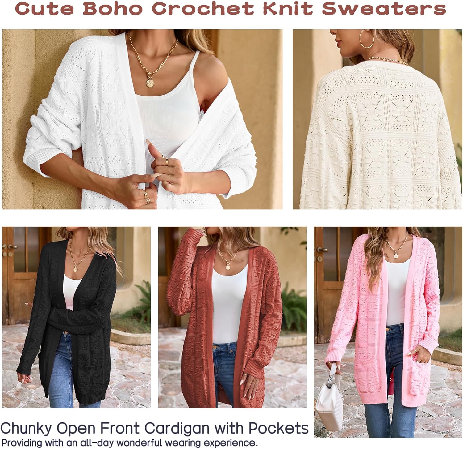 Famulily Womens Boho Crochet Knit Sweaters Cardigan Long Sleeve Chunky Fall Open Front Cardigan with Pockets - Image 5