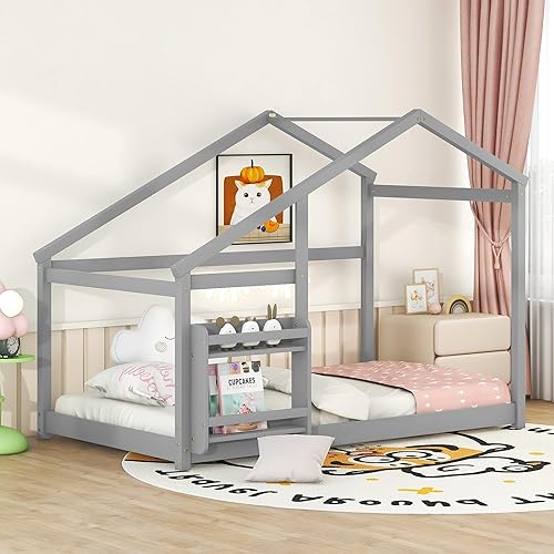 Miniatura 4 de MERITLINE Cama individual para niños, cama de piso individual, cama de piso estilo Montessori con estante, cama de casa de madera, no necesita