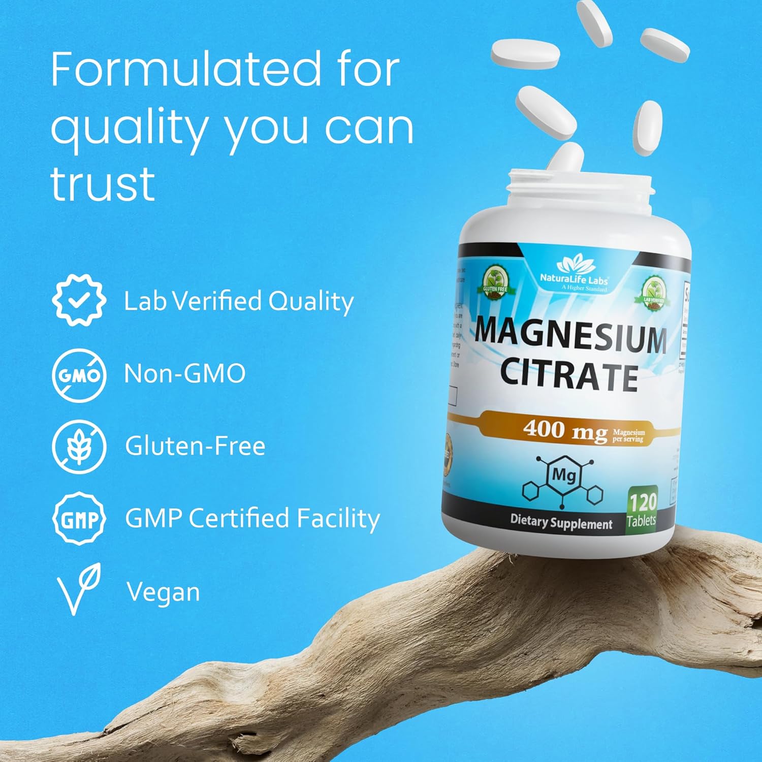 NaturaLife Labs Magnesium Citrate 400 mg per Serving – 120 Tablets, Vegan, Non-GMO (2 Pack)