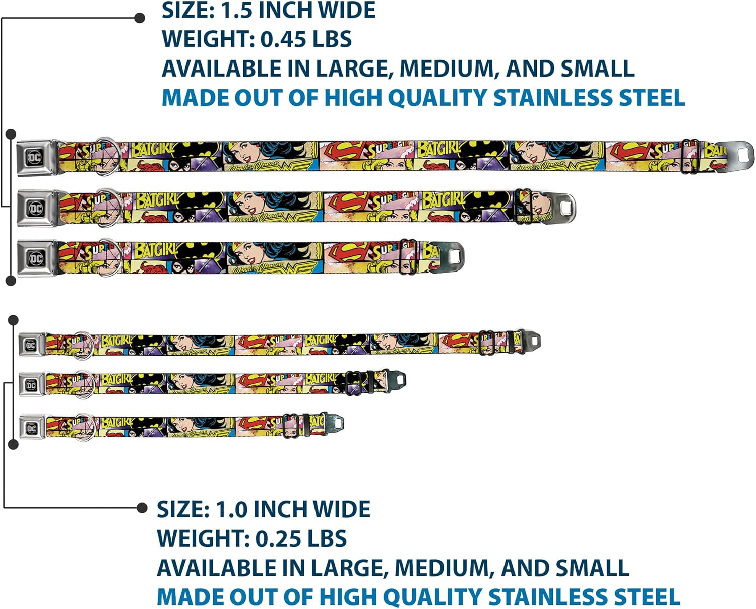 Buckle-Down Seatbelt Buckle Dog Collar - Superheroines Wonder Woman/Supergirl/Batgirl - 1" Wide - Fits 9-15" Neck - Small