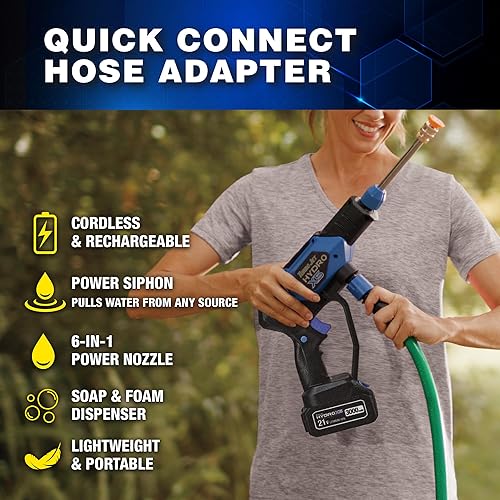 Miniatura 9 de Ontel Turbo Jet HydroX5 Pro Lavadora a presión inalámbrica portátil (batería de 21 V 3000 mAh), boquilla 6 en 1, fuente de agua doble, manguera
