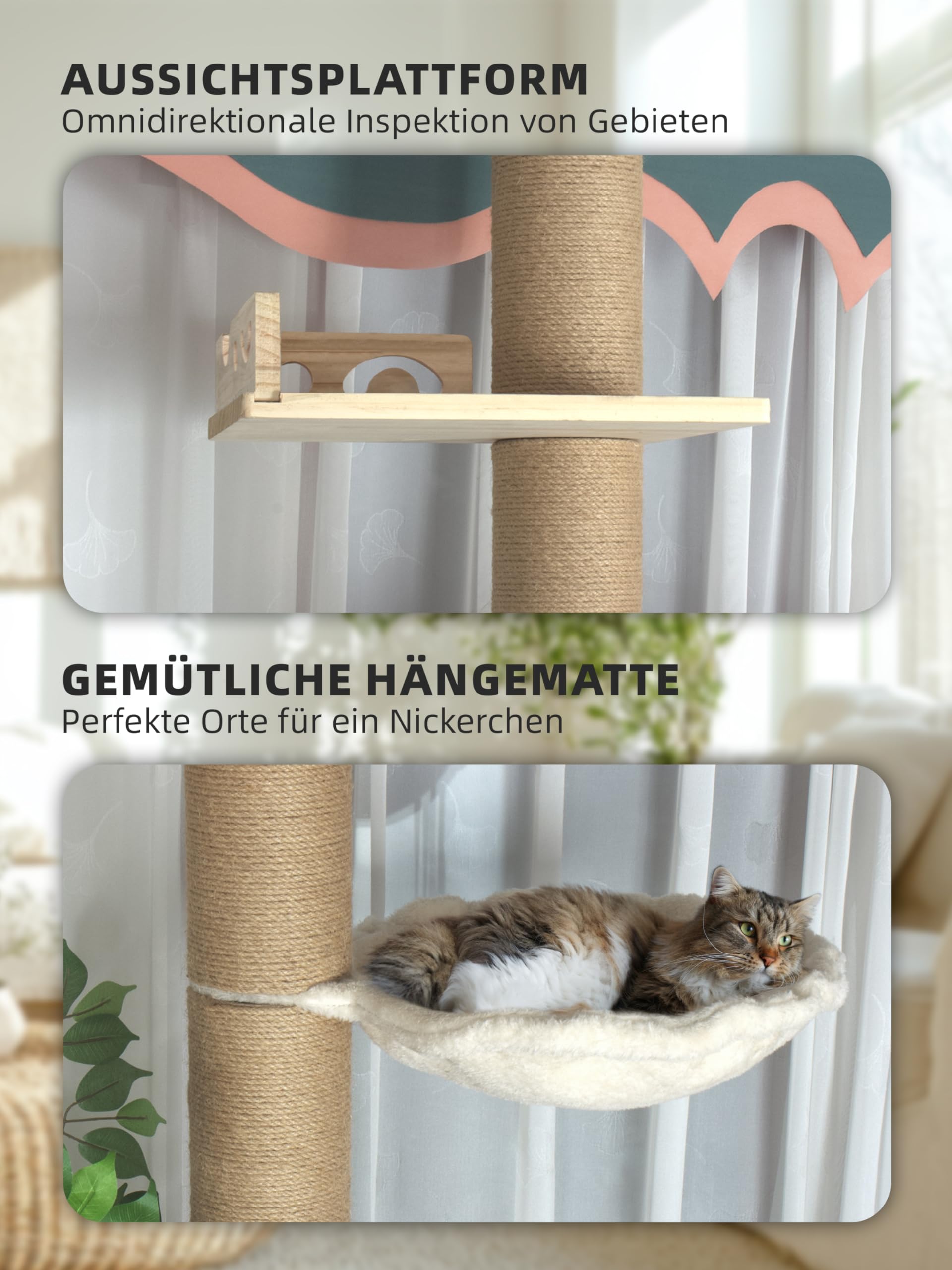 Fantasreen Kratzbaum Deckenspanner 246-316cm, 5 Etagen, 11cm Stab | Höhenverstellbarer Kratzbaum aus Hanf. 5 Ebenen. Stabile 11cm dicke Stange. Für Innenräume. Deckenspanner ohne Bohren.