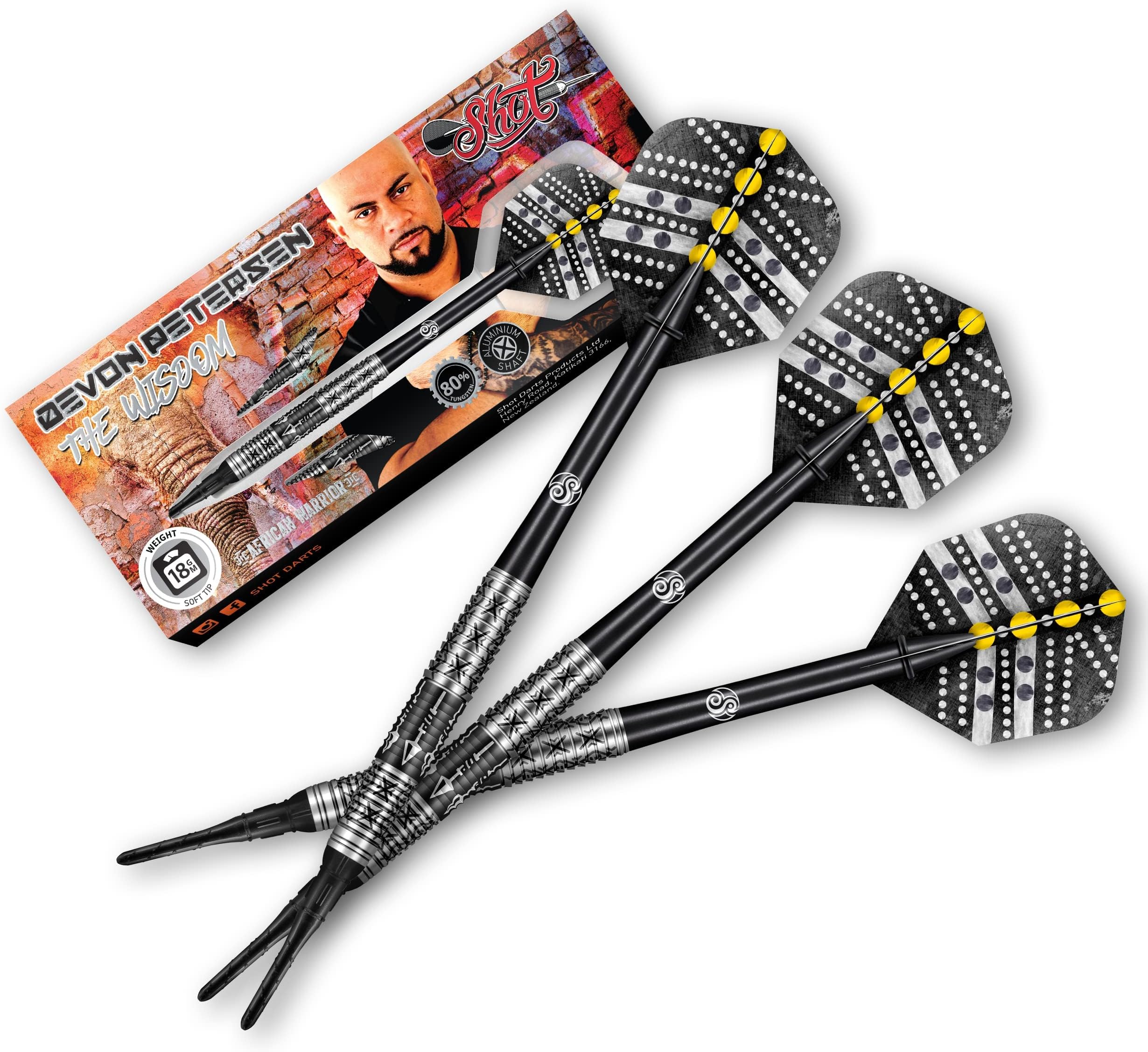 Shot Darts Soft Tip, Devon Petersen Wisdom (18g), 90% Tungsten Barrel, Center Balanced, Handcrafted Professional Dart Set & Flights Made in New Zealand, Plastic Tip for Electronic Dartboard