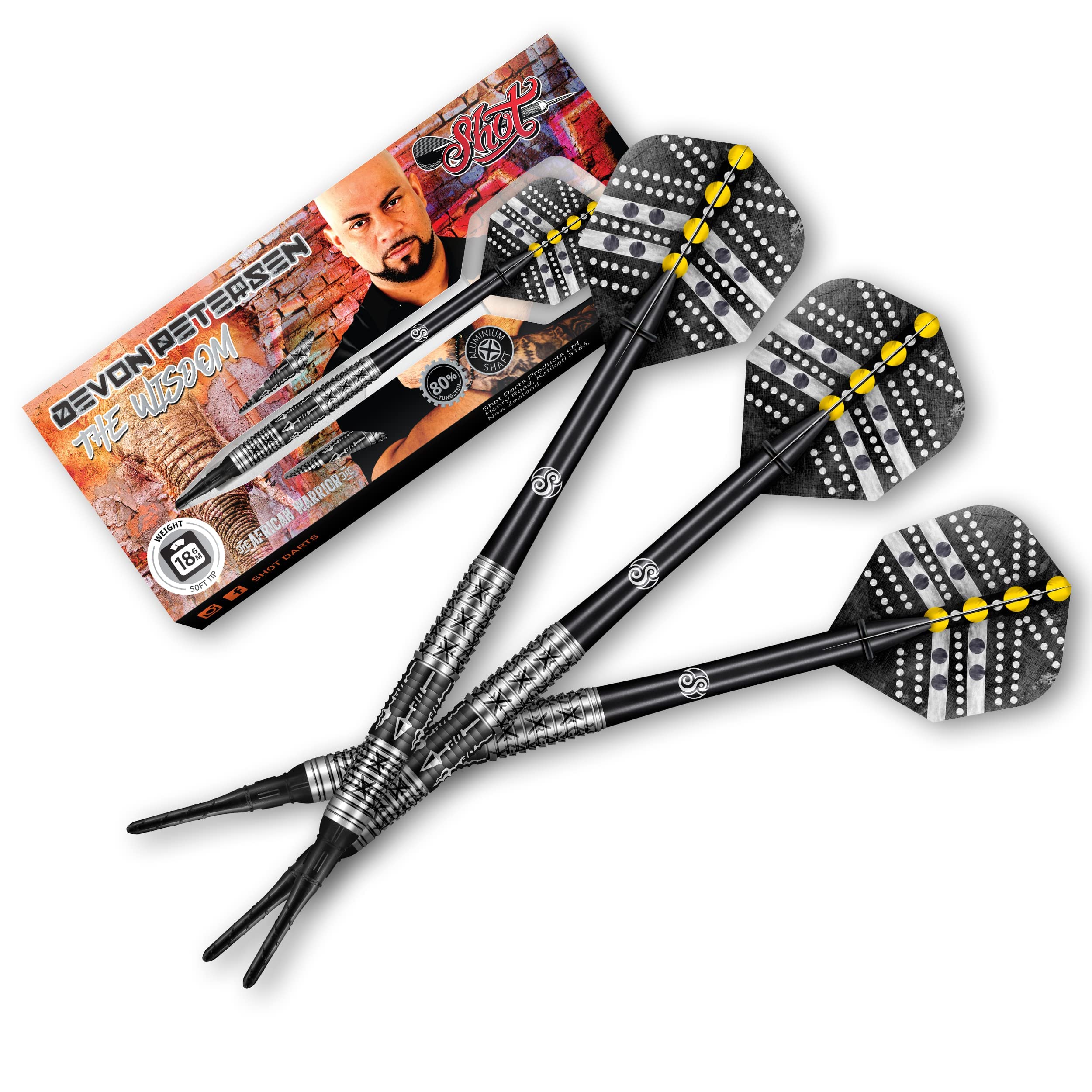 Shot Darts Soft Tip, Devon Petersen Wisdom (18g), 90% Tungsten Barrel, Center Balanced, Handcrafted Professional Dart Set & Flights Made in New Zealand, Plastic Tip for Electronic Dartboard