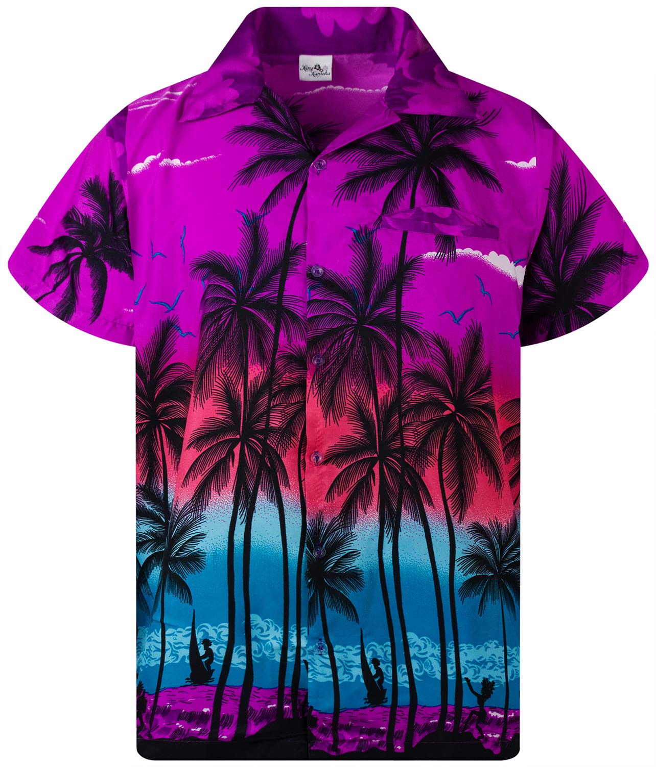 King Kameha Funky - Camisa Hawaiana para niños, niñas, Manga Corta, Bolsillo Frontal, Estampado Hawaiano, Unisex, Estampado de Palmeras de Playa