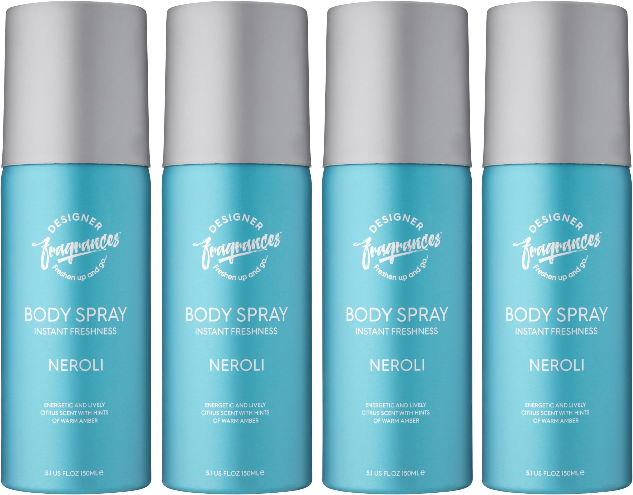 Designer Fragrances 4 Pack Neroli Men's Body Spray Deodorant Cans - For Instant Freshness on The Go - Long Lasting Smell - Great Male Gift Sets - 150ml