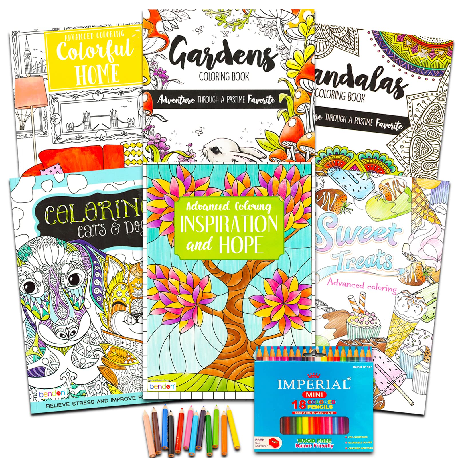 Bulk Adult Coloring Book Set for Men, Women - 6 Pc Relaxation at Home Advanced Coloring Book Bundle with Colorful Home, Mandalas, and Meditative Designs
