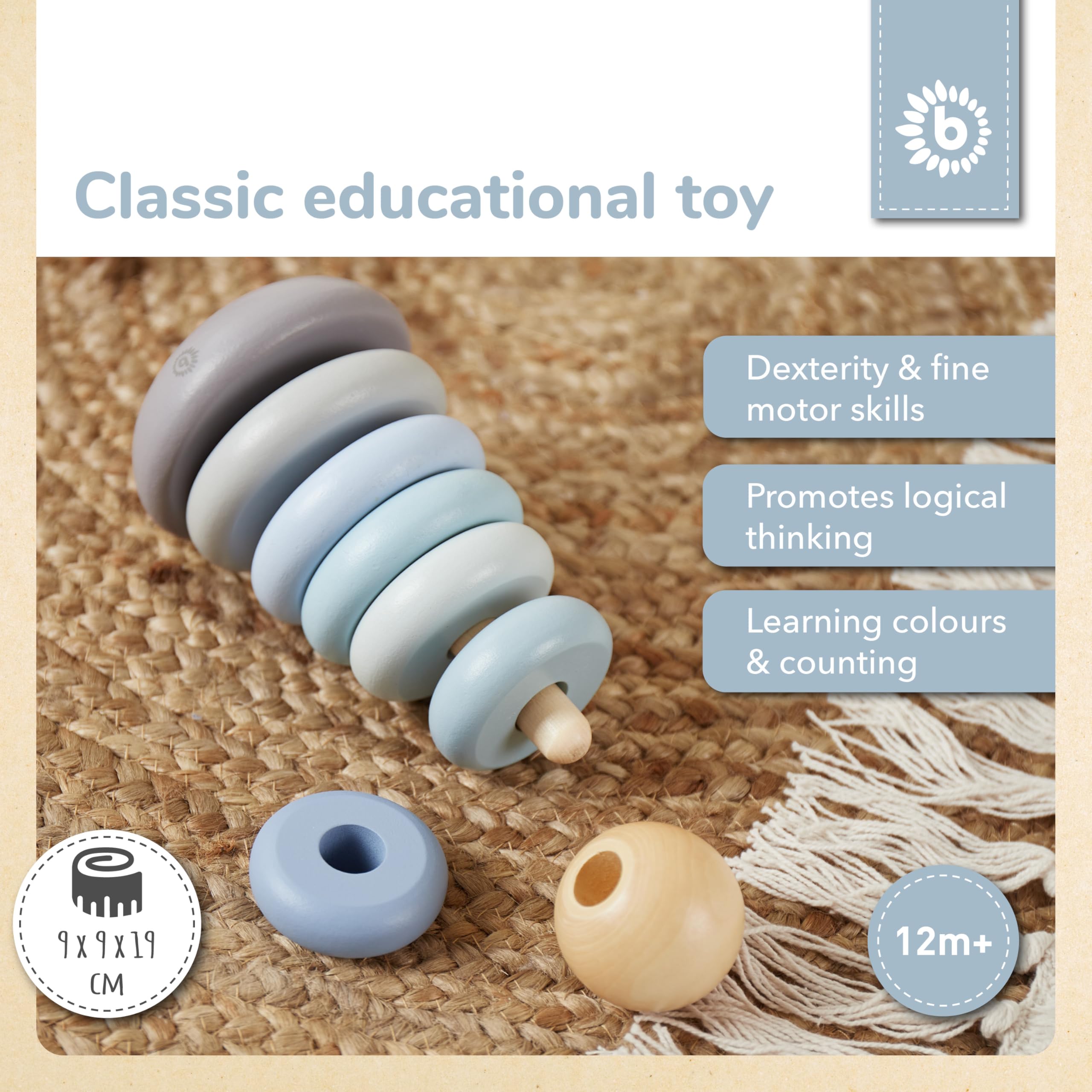 BIECO Wooden Stacking Tower Baby Toy, Blau, 9 x 9 x 19 centímetros - Image 2
