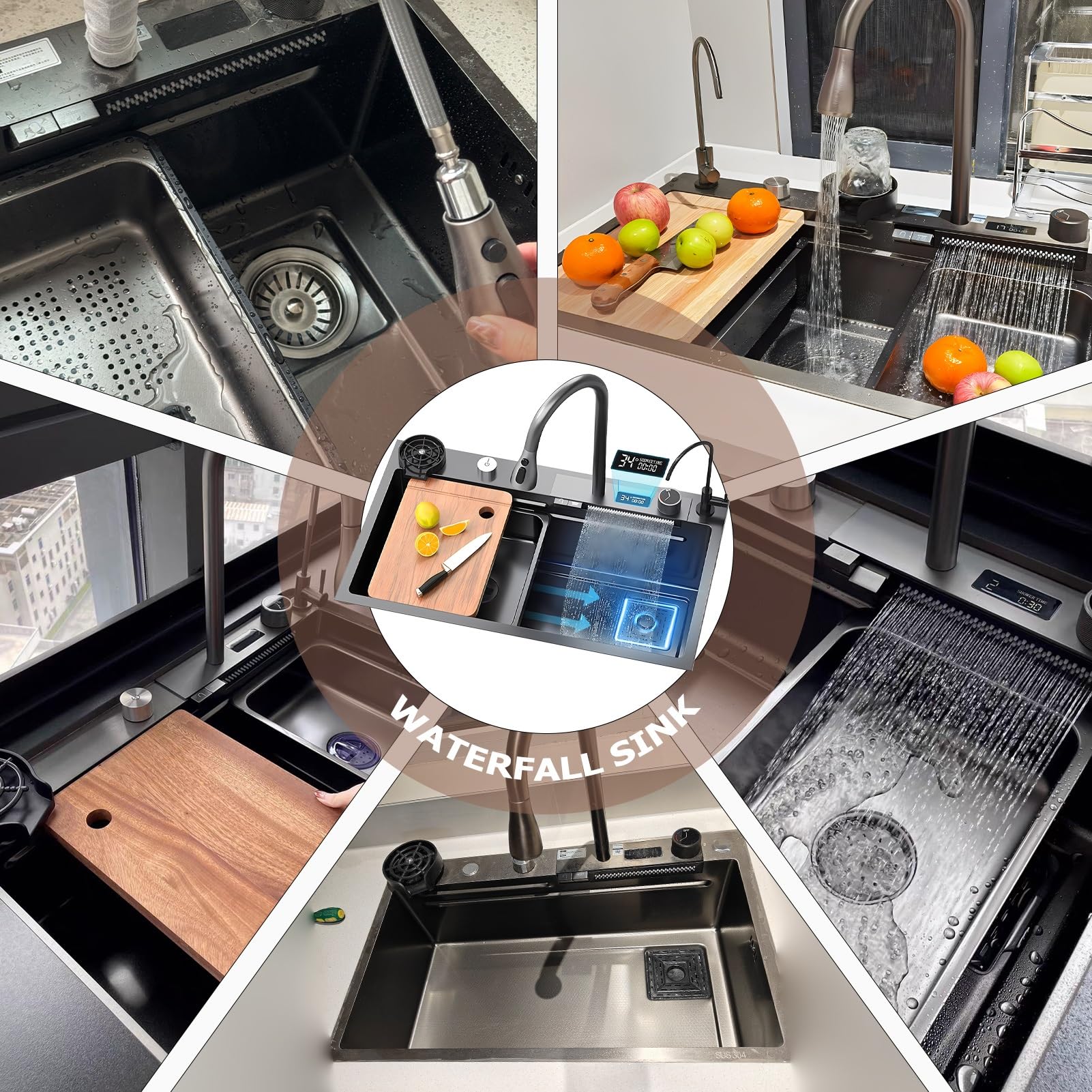 Fregadero De Cocina De Acero Inoxidable Con Cascada Y Grifo Extraíble Fregadero De Un Solo Tazón Con Montaje Superior Con Revestimiento Nanométrico Con Accesorios, Lavadora De Ollas A Presión, Tabla D