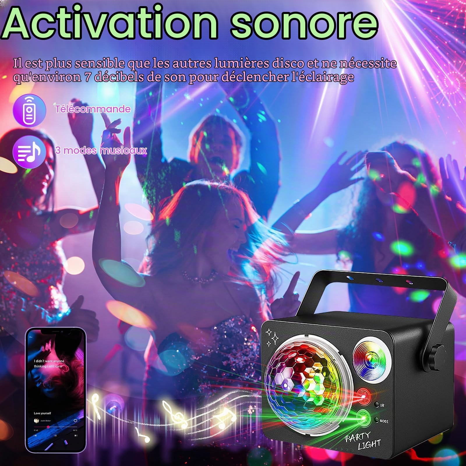 Boule disco 4 en 1, lampe de soirée disco contrôlée par la musique avec télécommande, lumières disco LED, éclairage DJ, pour fêtes, bars, mariages, Halloween, Noël, anniversaires