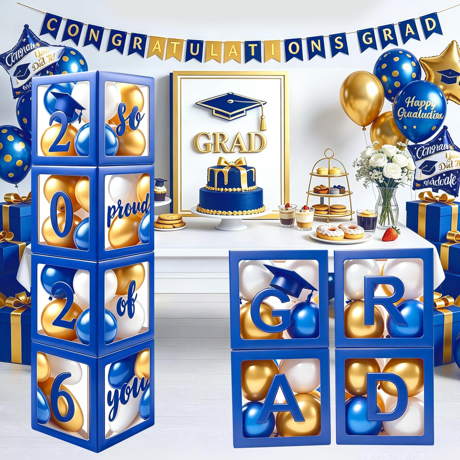 Photo 1 of 2026 Graduation Party Decoration Black Balloon Boxes with Letters 2026 Grad & So Proud of You and 20 pcs Ballons
