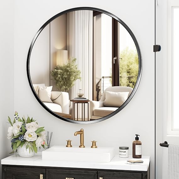Round Wall Mirror, 80 cm Bathroom Mirror with Aluminium Alloy Frame for Bathroom, Living Room, Bedroom, Hallway, Black