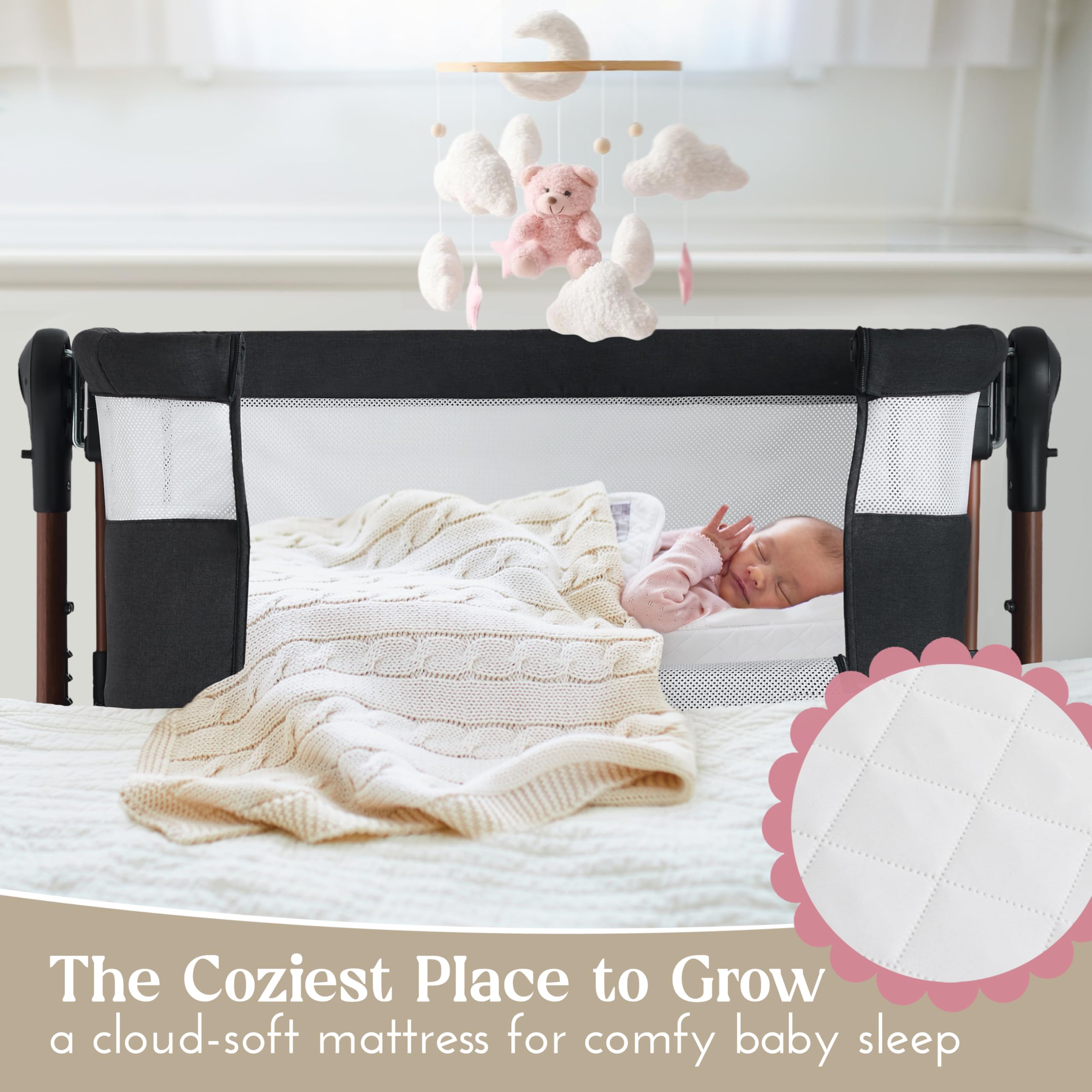 LullaBee Łóżko dostawne i Baby Co-Sleeper – 6 poziomów wysokości, funkcja huśtawki, rolki, pikowany materac, boki z siatki z moskitierą, składane łóżko z torbą do przenoszenia (0-6 miesięcy) – czarny
