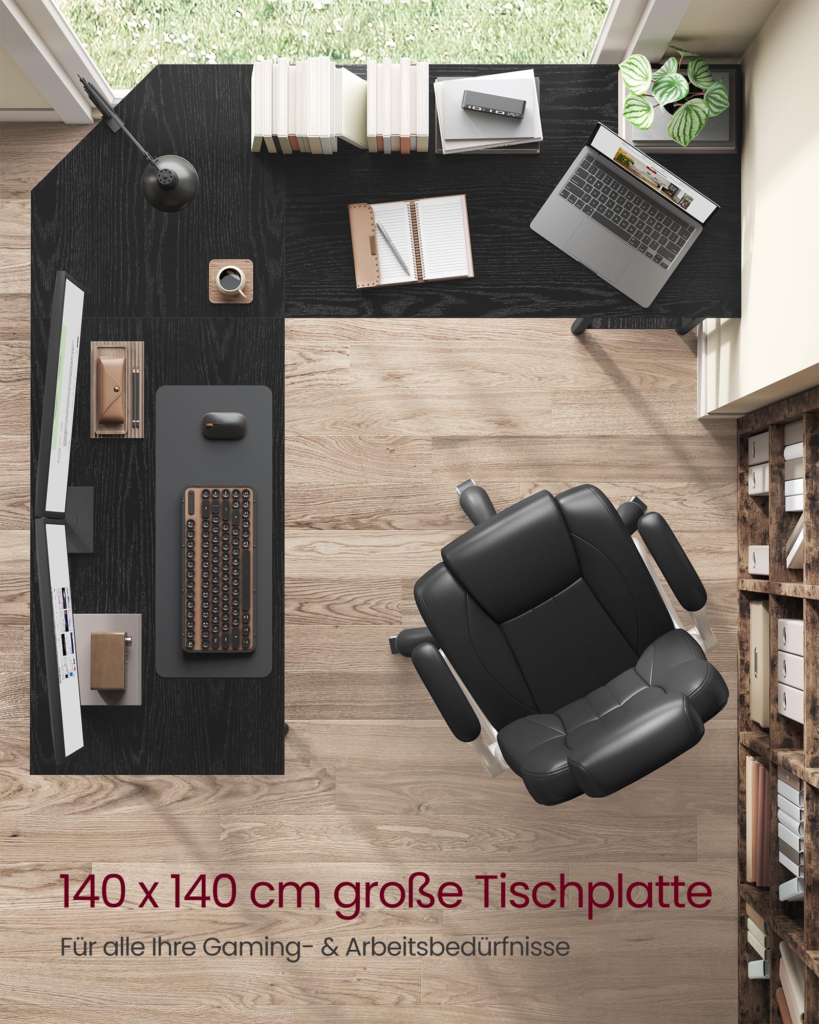 VASAGLE Schreibtisch, L-förmiger Computertisch, 140 x 140 x 76 cm, Eckschreibtisch, platzsparender Bürotisch, Gaming, Homeoffice, einfacher Aufbau, ebenholzschwarz-tintenschwarz LWD073B56V1