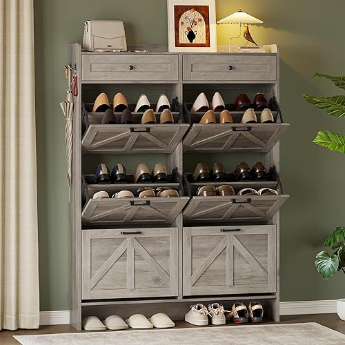 Vista 21 de Armario de almacenamiento de zapatos para entrada, armario ancho de casa de campo con 4 cajones abatibles y 2 cajones superiores, organizador Blanco