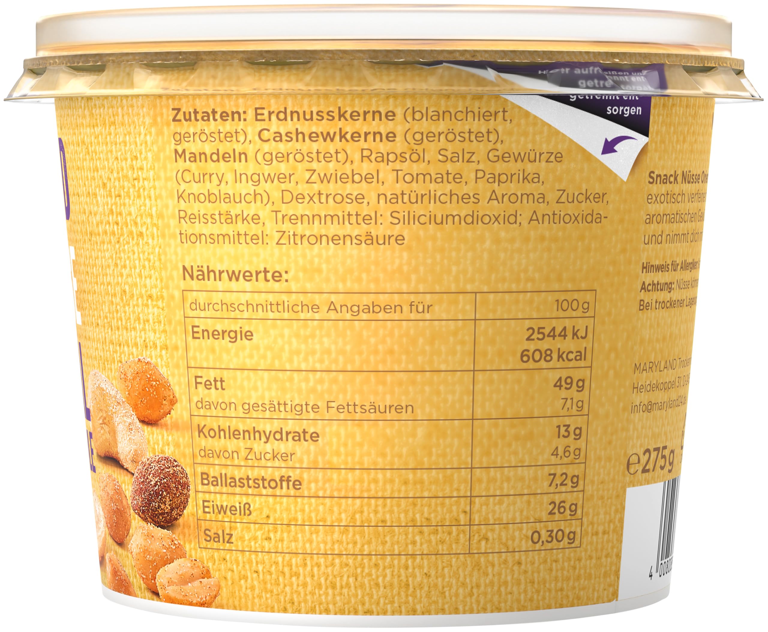 Maryland Snack Nüsse Oriental Style 275g Becher Vorratspack - Erdnüsse, Cashewkerne und Mandeln in Nussmischung - Orientalisch gewürzt - wiederverschließbarer Becher (6 x 275 g)